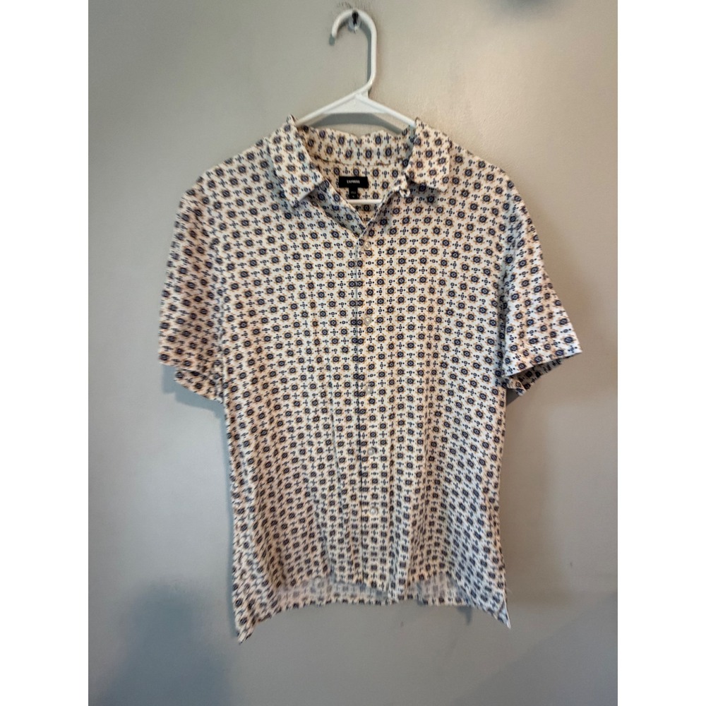 Express Mens Short Sleeve Button Up Shirt Medallion Print Rayon Linen White M